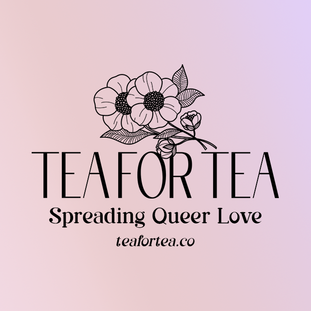 A picture of a sticker that says "Spread Queer Joy", with the tea for tea logo tiled on the top and at the bottom