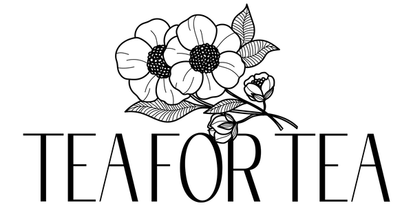 The Tea For Tea logo - a picture of two tea flowers leaning against each other with their stems intertwined with "Tea For Tea" written below in all caps